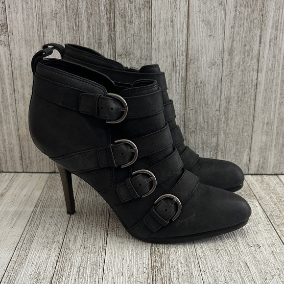 Coach Tessie Black Leather Heeled Buckle Ankle Booties - Picture 1 of 10